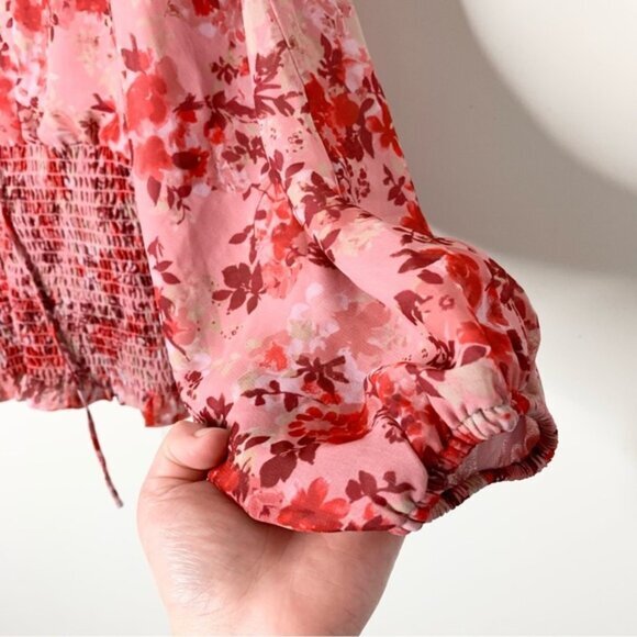 Revolve Wayf Women's Blouse Floral Print Smocked Waist Top Pink Red V-neck - Picture 6 of 13